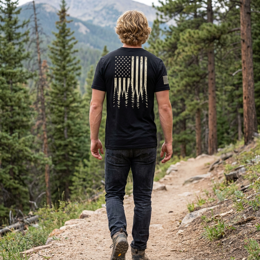 Timberline Flag T-Shirt distressed American flag and pine forest graphic — outdoor graphic tee patriotic shirts for men