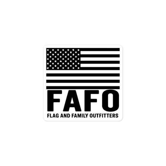 FAFO gear American flag vinyl sticker — bold FAFO logo and Flag And Family Outfitters text FAFO merchandise patriotic sticker