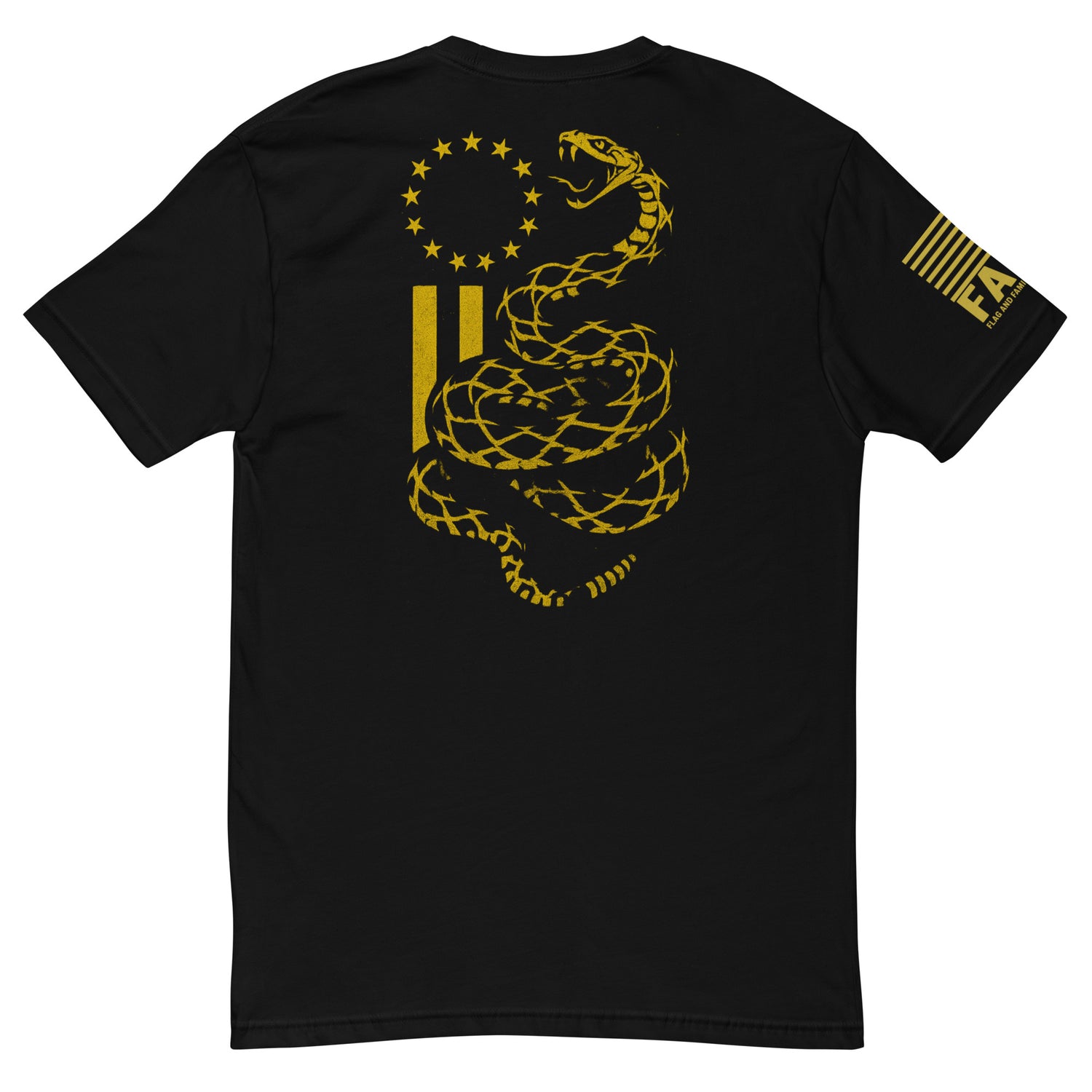 Back of black FAFO patriotic shirt — bold Gadsden snake over Betsy Ross flag second amendment shirt