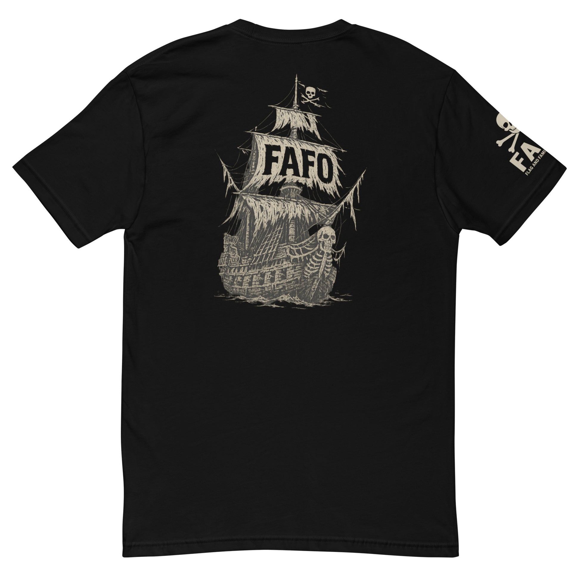 Back of black FAFO nautical shirt — bold pirate ship FAFO logo graphic FAFO apparel patriotic t shirts