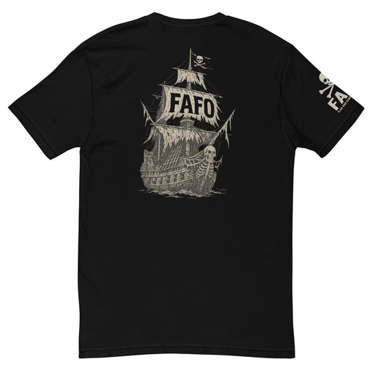 Back of black FAFO nautical shirt — bold pirate ship FAFO logo graphic FAFO apparel patriotic t shirts