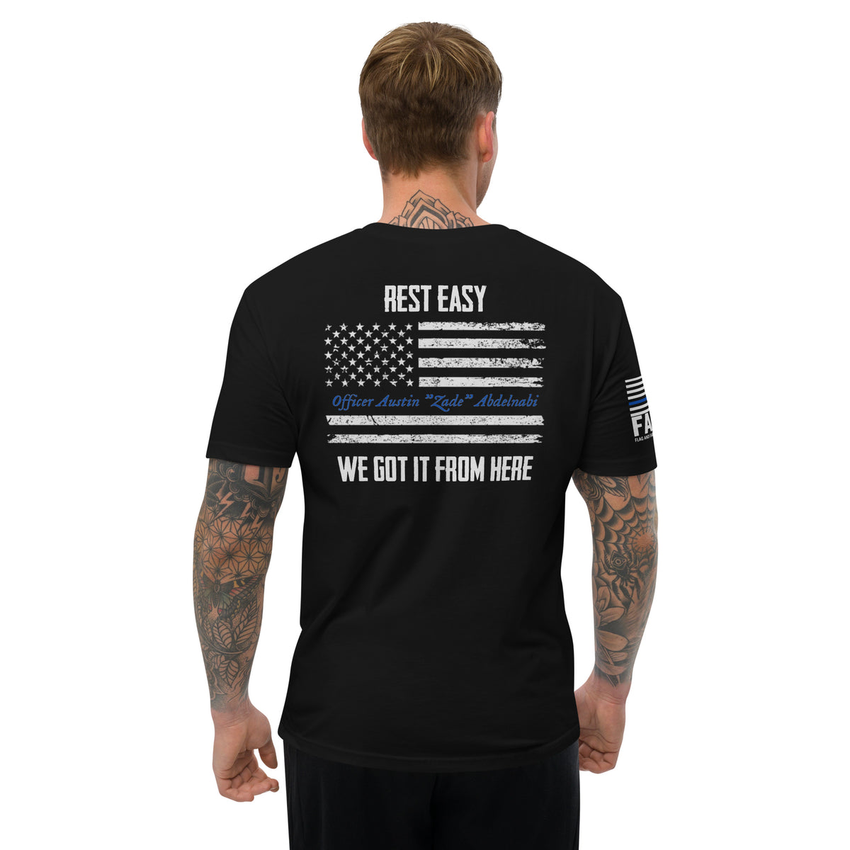 Back of the Officer Abdelnabi memorial tee in black