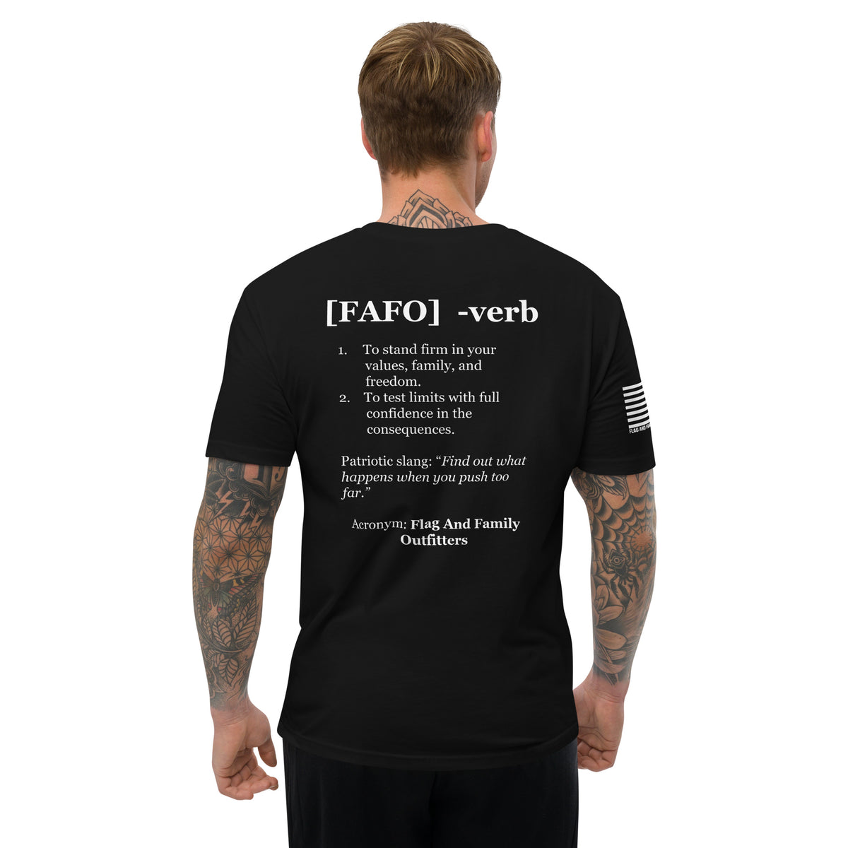 FAFO defined tee in black — distressed FAFO logo chest graphic from Flag And Family Outfitters FAFO merchandise
