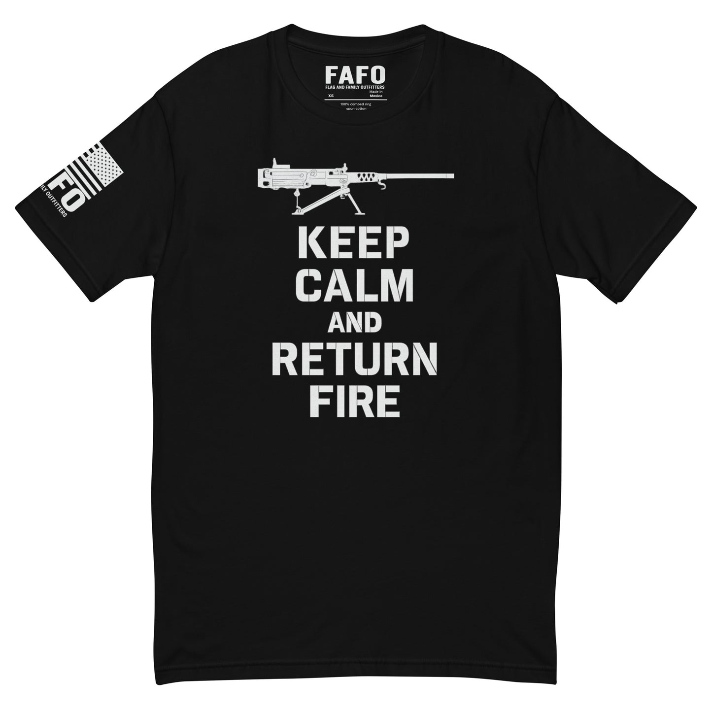 Military humor FAFO t shirt in black — Keep Calm and Return Fire rifle graphic FAFO shirts for men second amendment