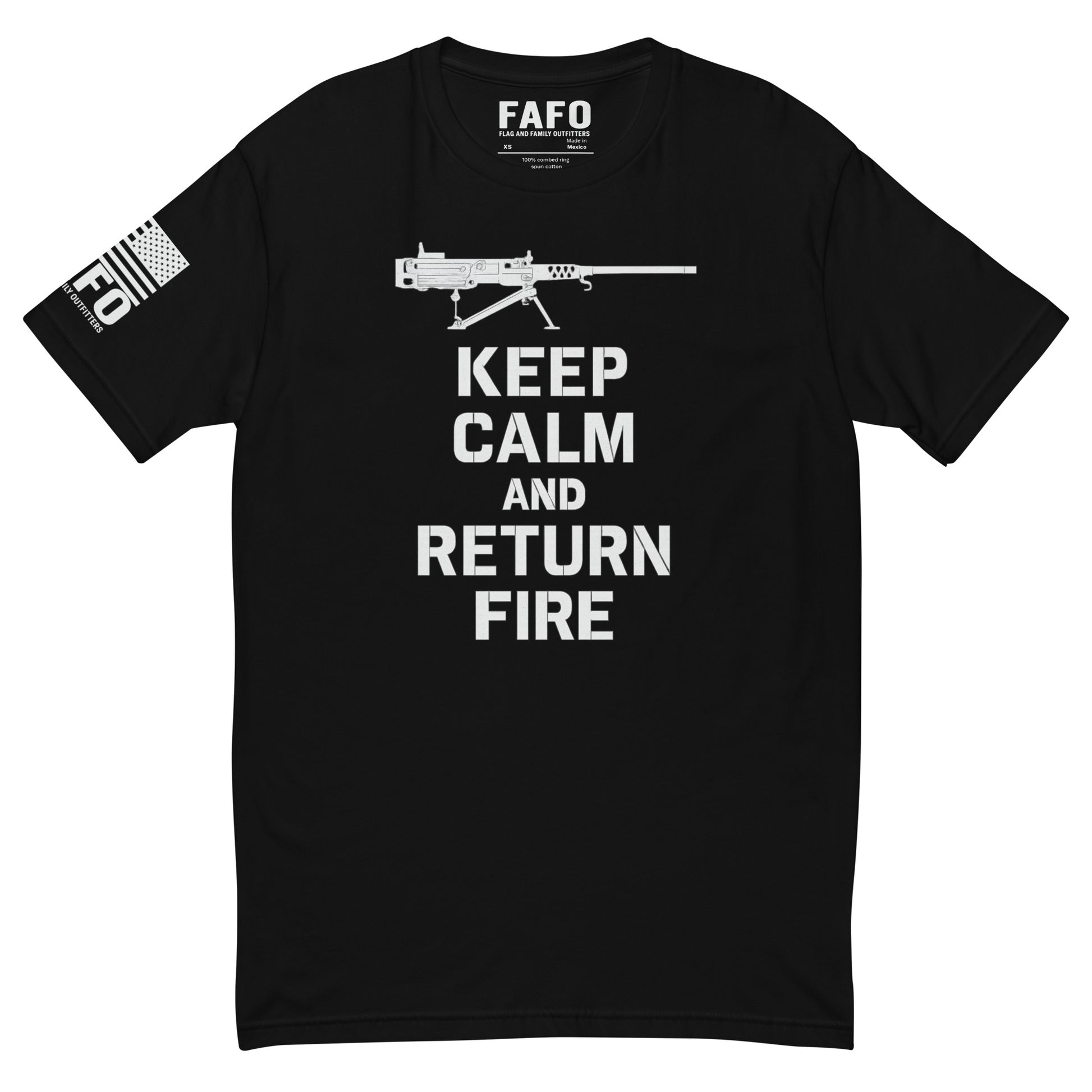 Military humor FAFO t shirt in black — Keep Calm and Return Fire rifle graphic FAFO shirts for men second amendment