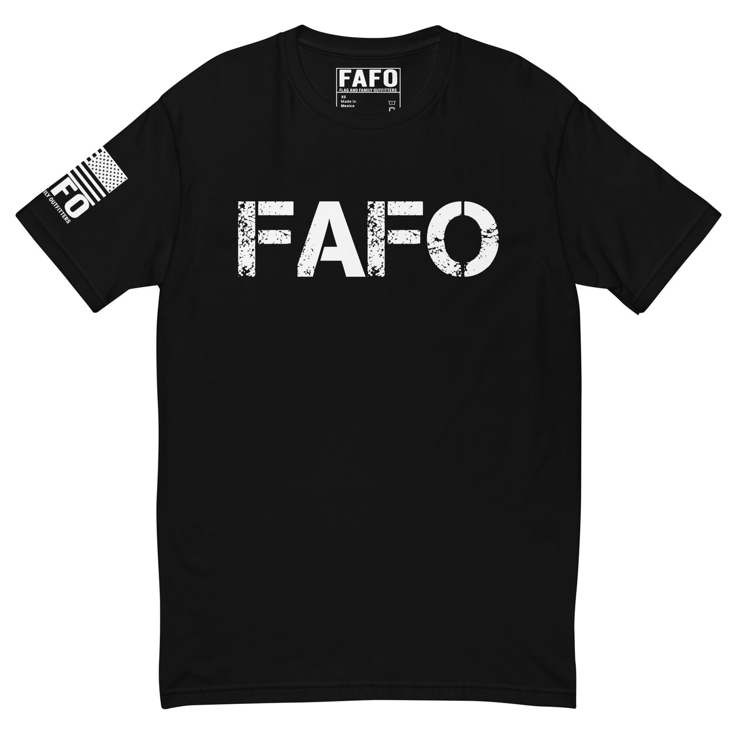 FAFO defined t shirt in black — distressed FAFO logo chest graphic FAFO t shirts FAFO shirt meaning flag and family outfitters