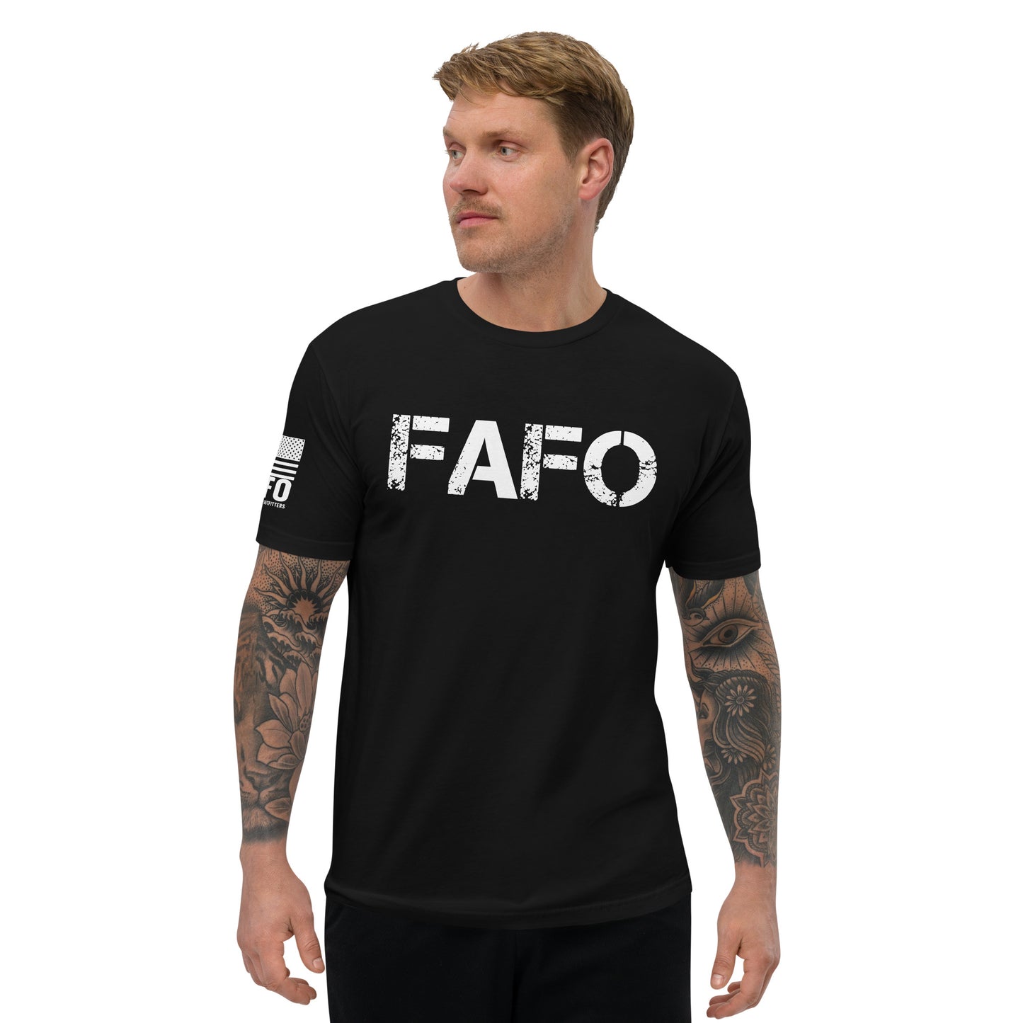 FAFO defined t shirt in black — distressed FAFO logo chest graphic FAFO t shirts FAFO shirt meaning flag and family outfitters