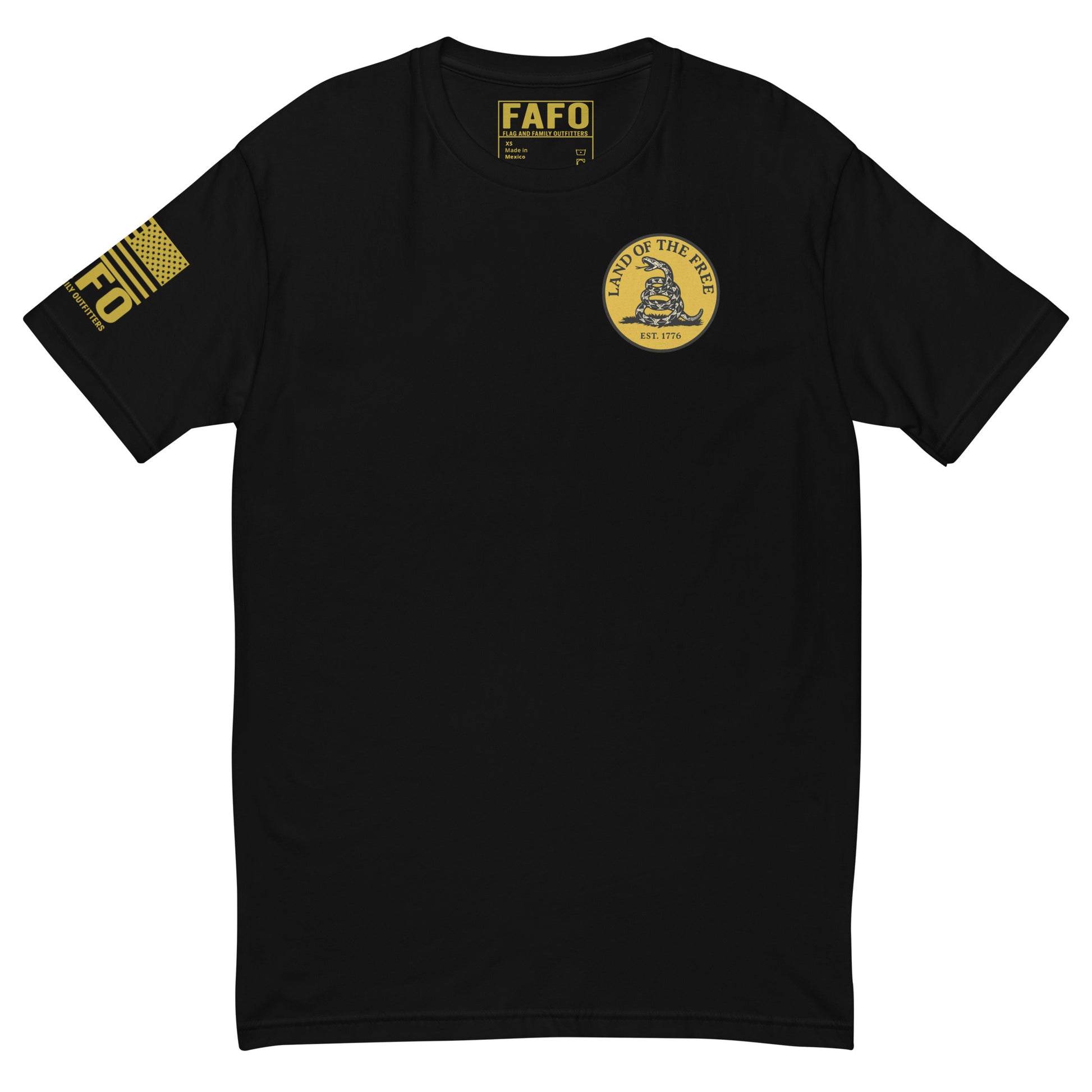 Patriotic Gadsden snake FAFO t shirt in black — Land Of The Free Est 1776 chest graphic FAFO shirts for men