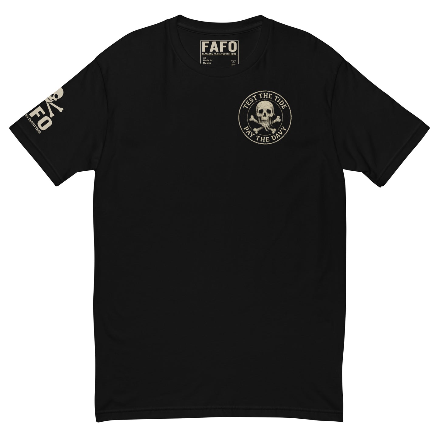 Bold nautical FAFO t shirt in black — Pay The Davy skull crossbones pirate chest hit FAFO shirts for men