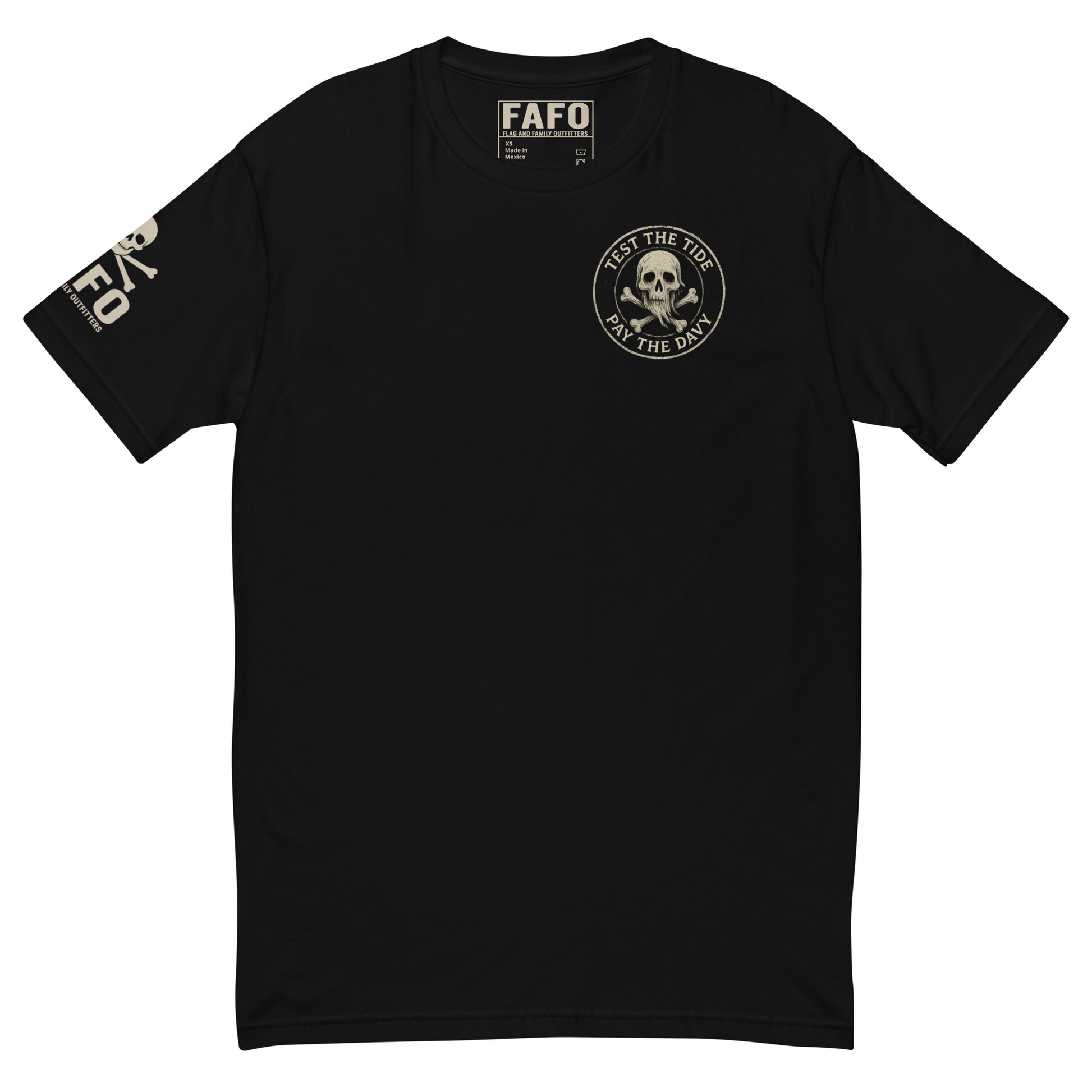 Bold nautical FAFO t shirt in black — Pay The Davy skull crossbones pirate chest hit FAFO shirts for men