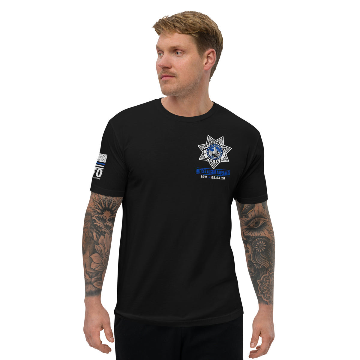 Front of the Officer Abdelnabi memorial tee in black