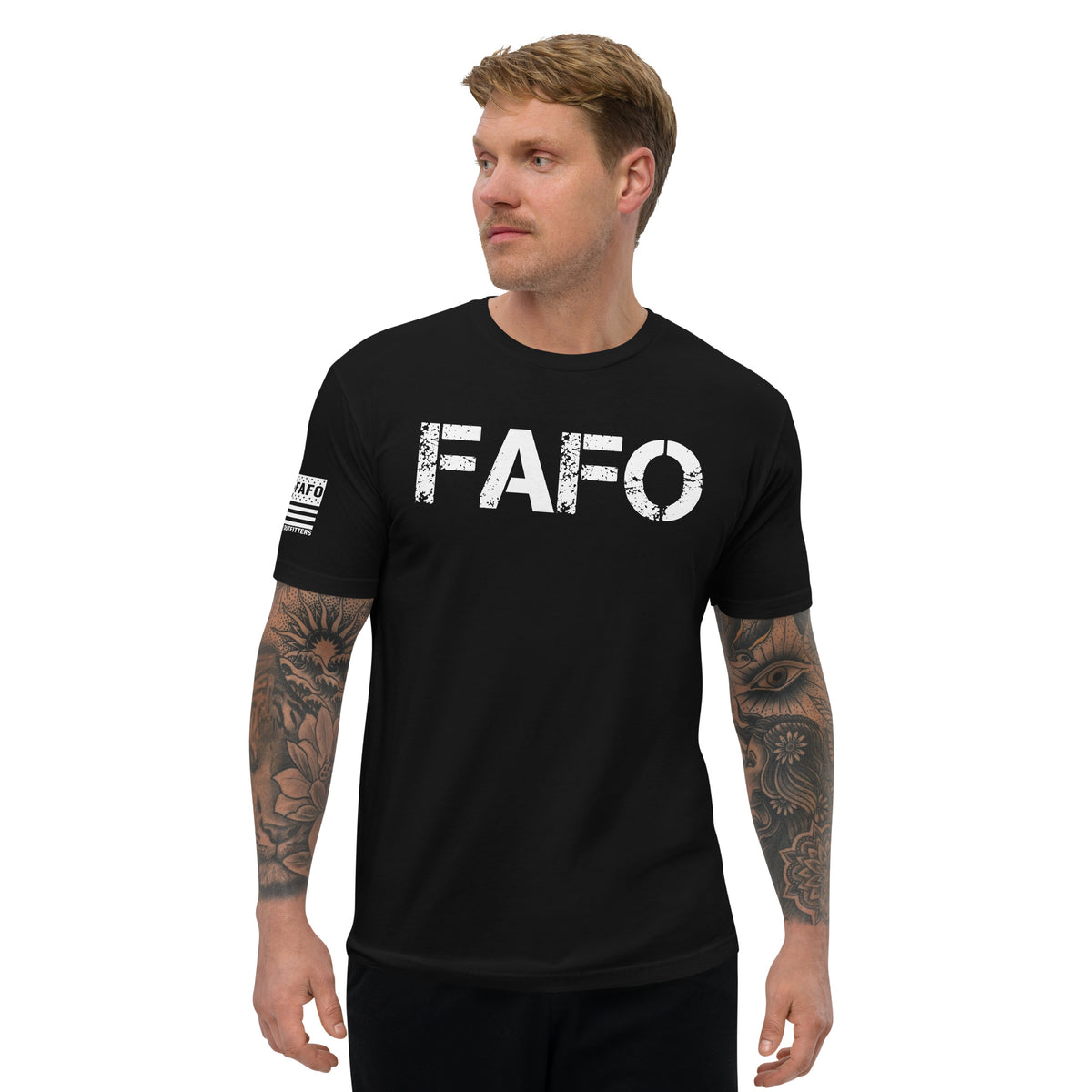 FAFO defined tee in black — distressed FAFO logo chest graphic from Flag And Family Outfitters FAFO merchandise