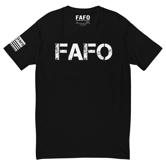 FAFO Classic T-Shirt with distressed FAFO front logo and Flag And Family Outfitters sleeve graphic.