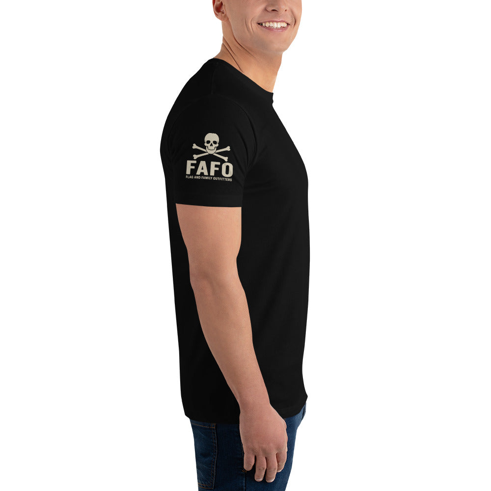 FAFO skull and crossbones sleeve branding — FAFO merchandise Flag And Family Outfitters