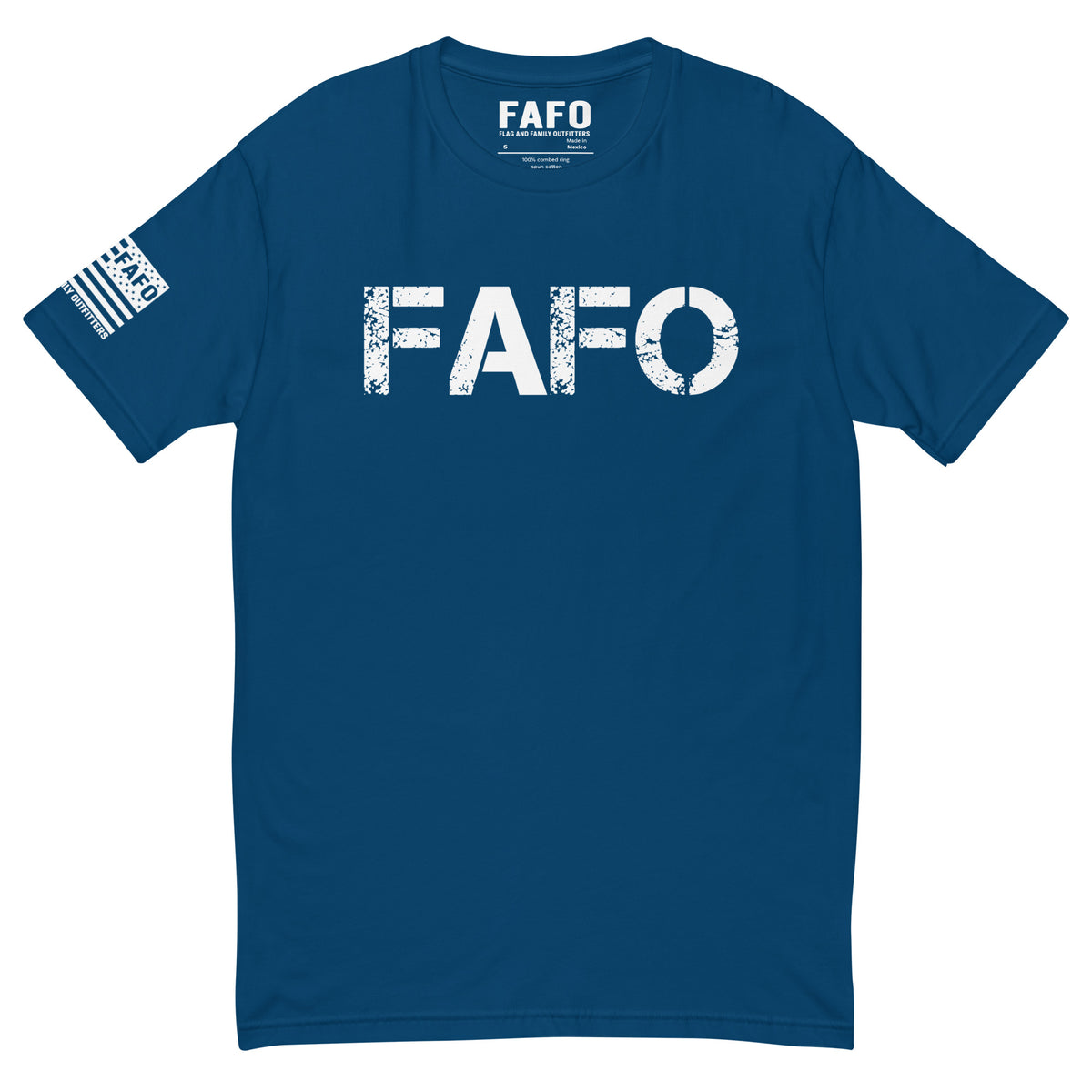 FAFO Classic T-Shirt with distressed FAFO front logo and Flag And Family Outfitters sleeve graphic.