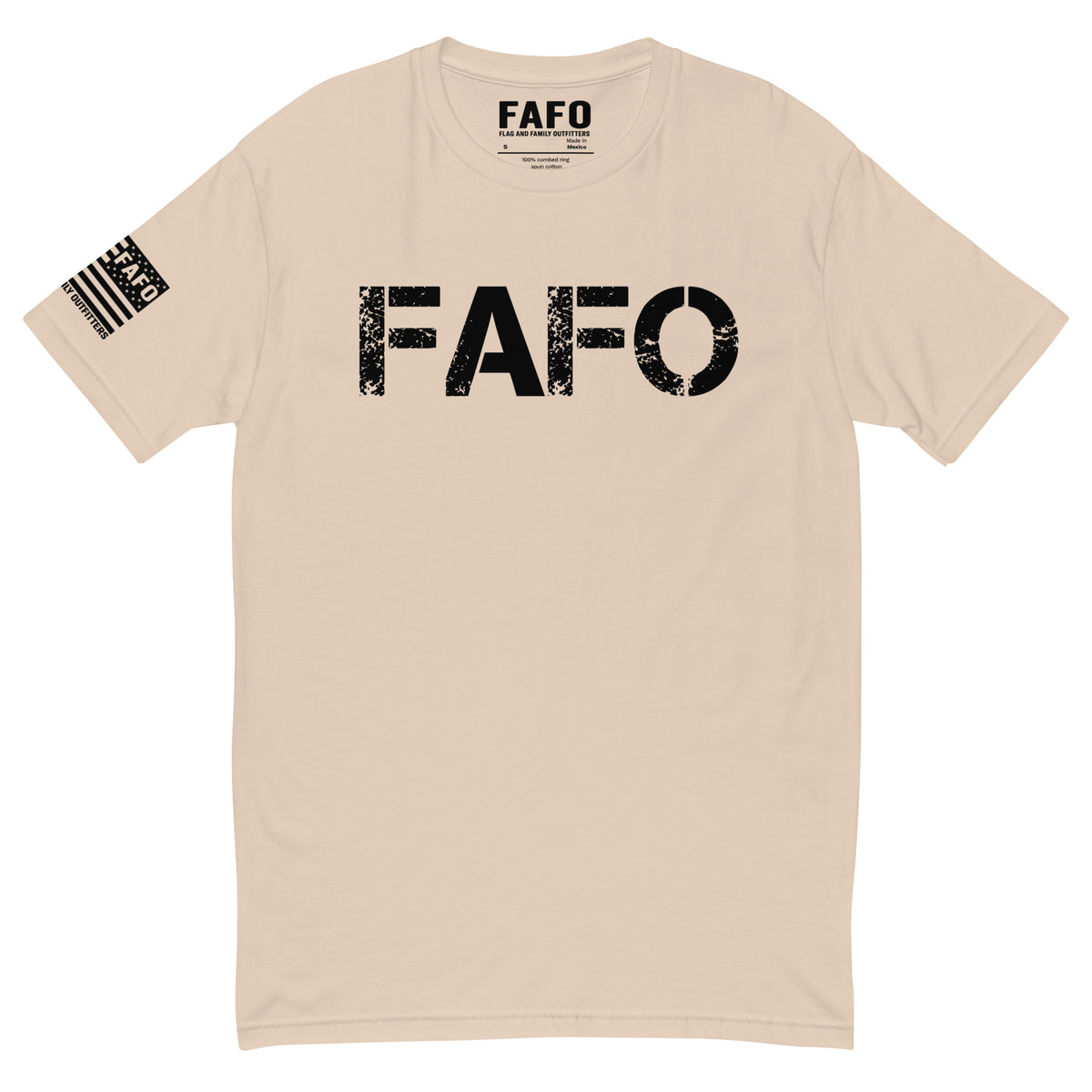 FAFO Classic T-Shirt with distressed FAFO front logo and Flag And Family Outfitters sleeve graphic.
