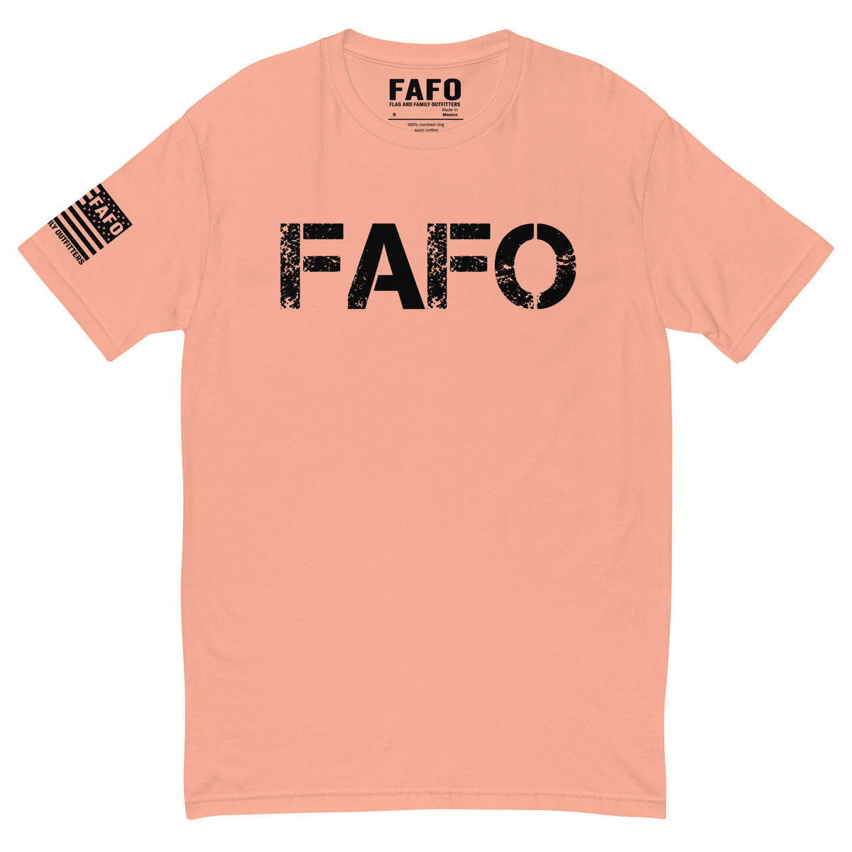 FAFO Classic T-Shirt with distressed FAFO front logo and Flag And Family Outfitters sleeve graphic.