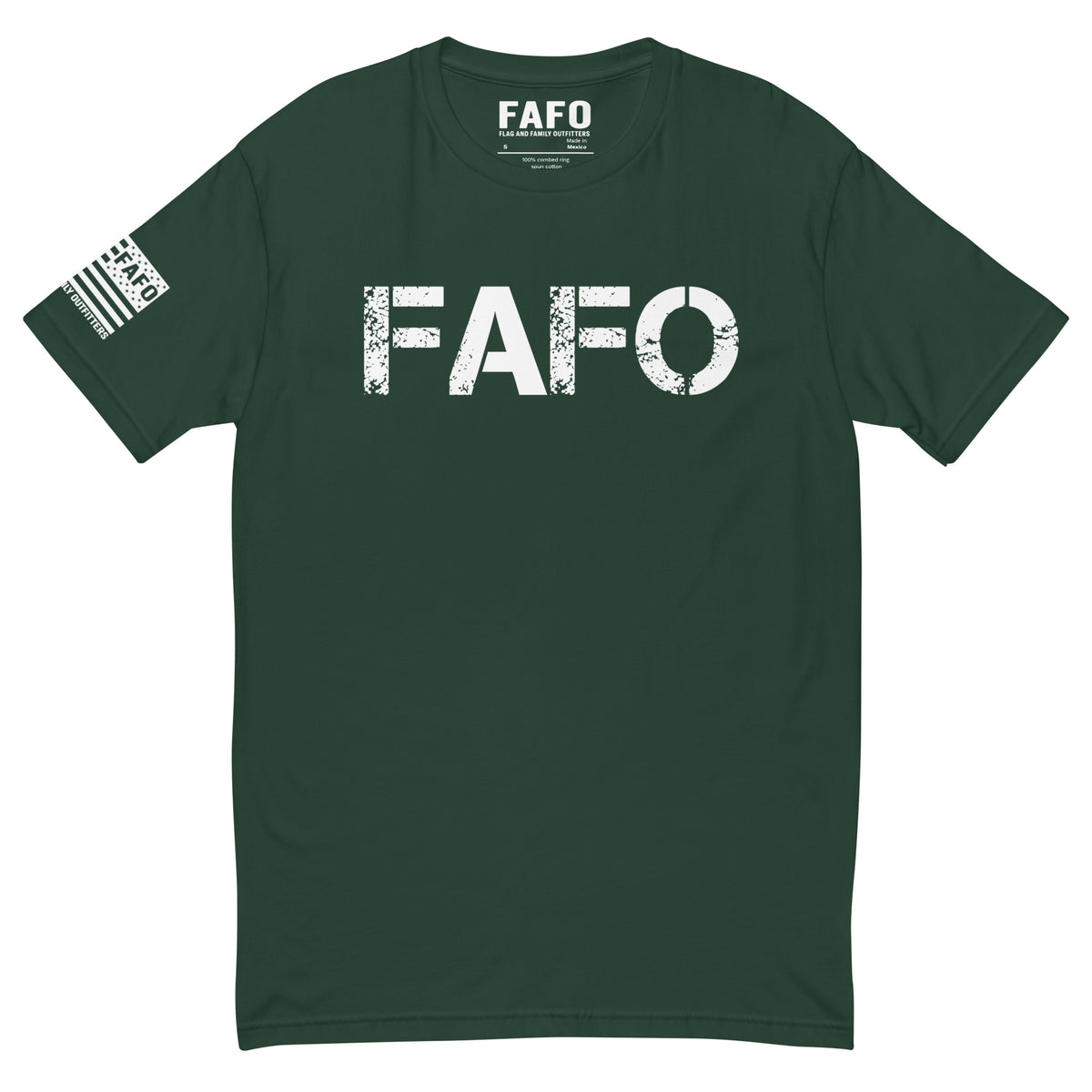 FAFO Classic T-Shirt with distressed FAFO front logo and Flag And Family Outfitters sleeve graphic.