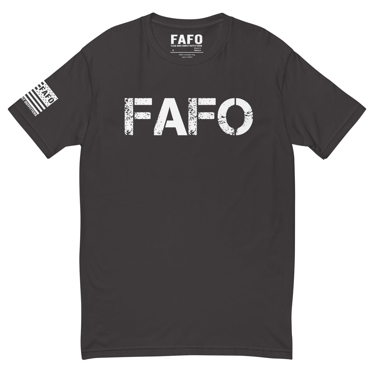 FAFO Classic T-Shirt with distressed FAFO front logo and Flag And Family Outfitters sleeve graphic.