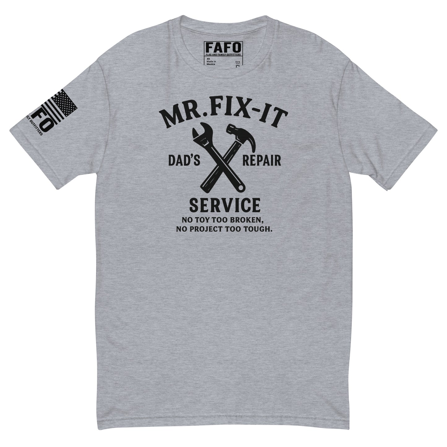 Funny dad gift FAFO t shirt in heather grey — Mr Fix-It Dads Repair Service graphic FAFO shirts for men