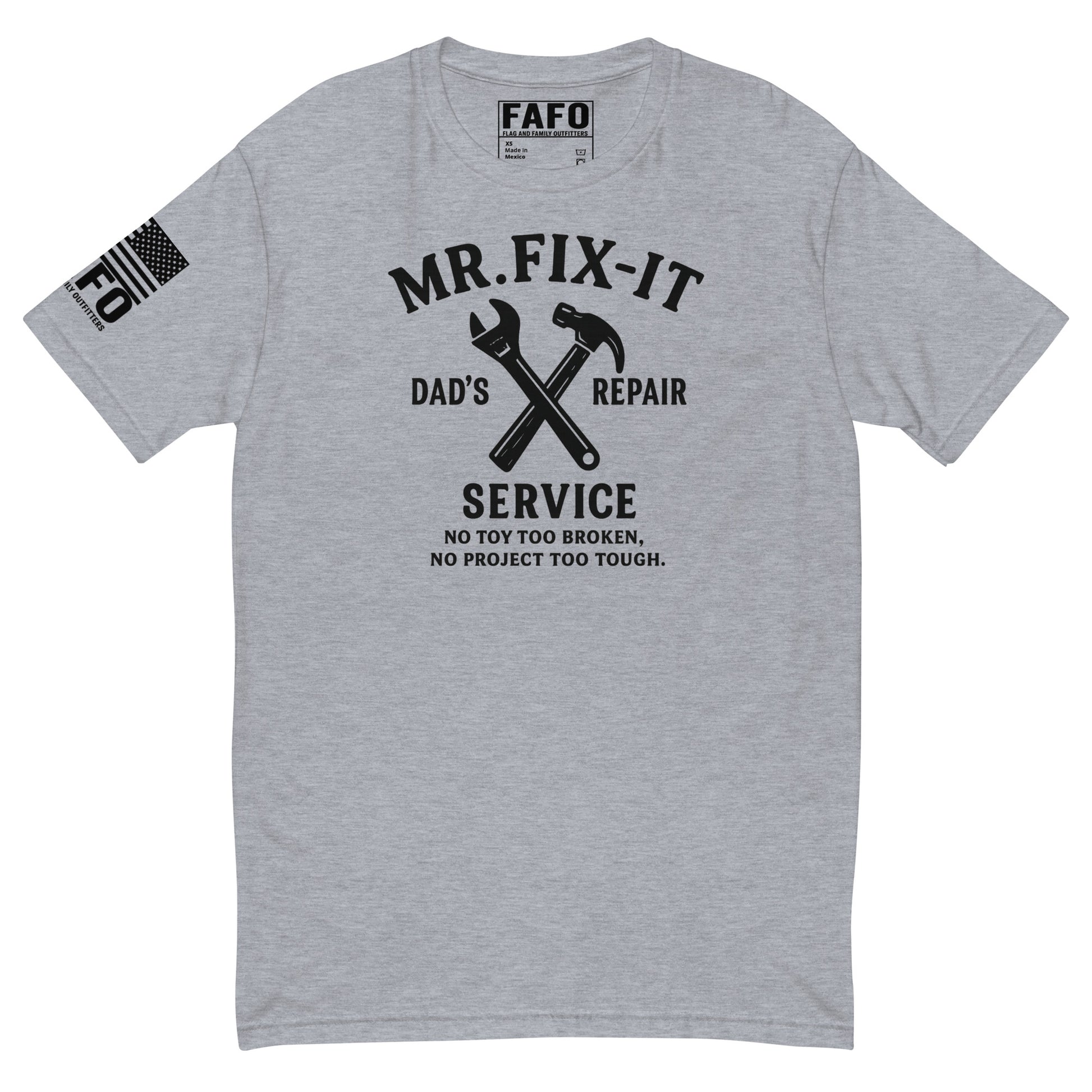 Funny dad gift FAFO t shirt in heather grey — Mr Fix-It Dads Repair Service graphic FAFO shirts for men