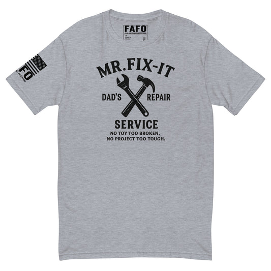 Funny dad gift FAFO t shirt in heather grey — Mr Fix-It Dads Repair Service graphic FAFO shirts for men