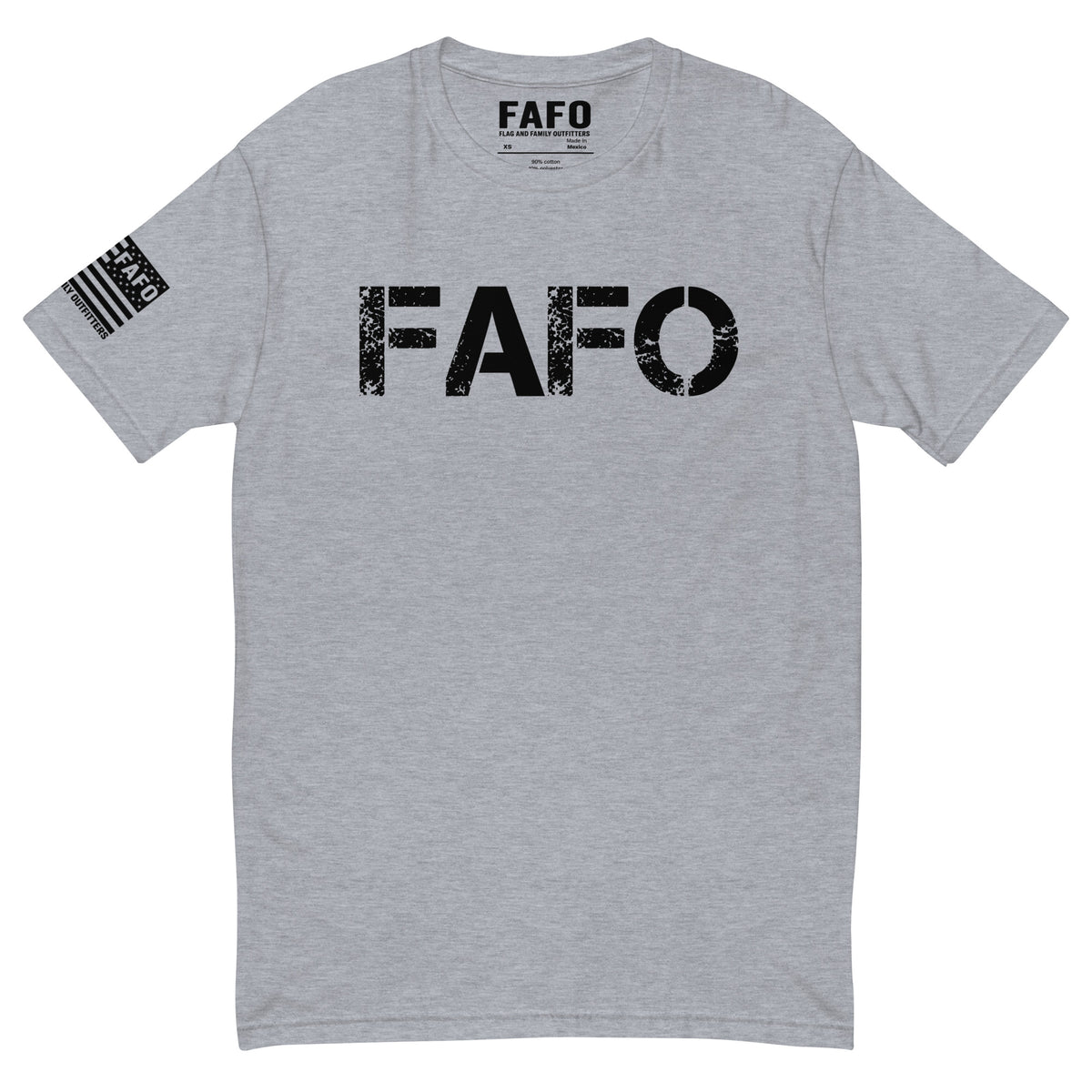 FAFO Classic T-Shirt with distressed FAFO front logo and Flag And Family Outfitters sleeve graphic.