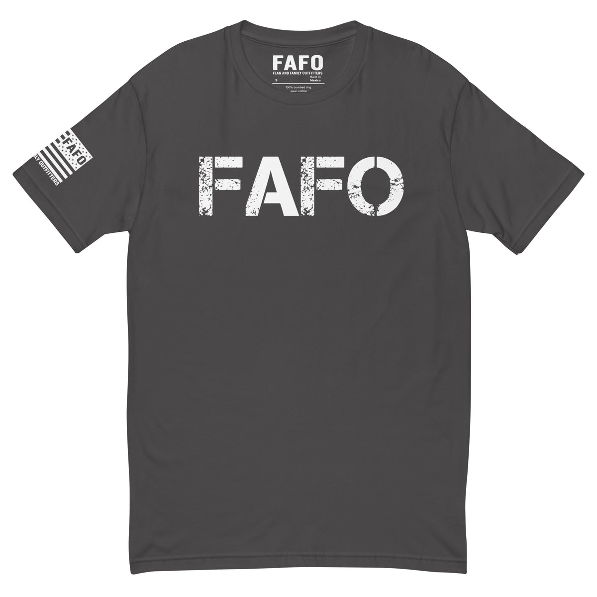 FAFO Classic T-Shirt with distressed FAFO front logo and Flag And Family Outfitters sleeve graphic.