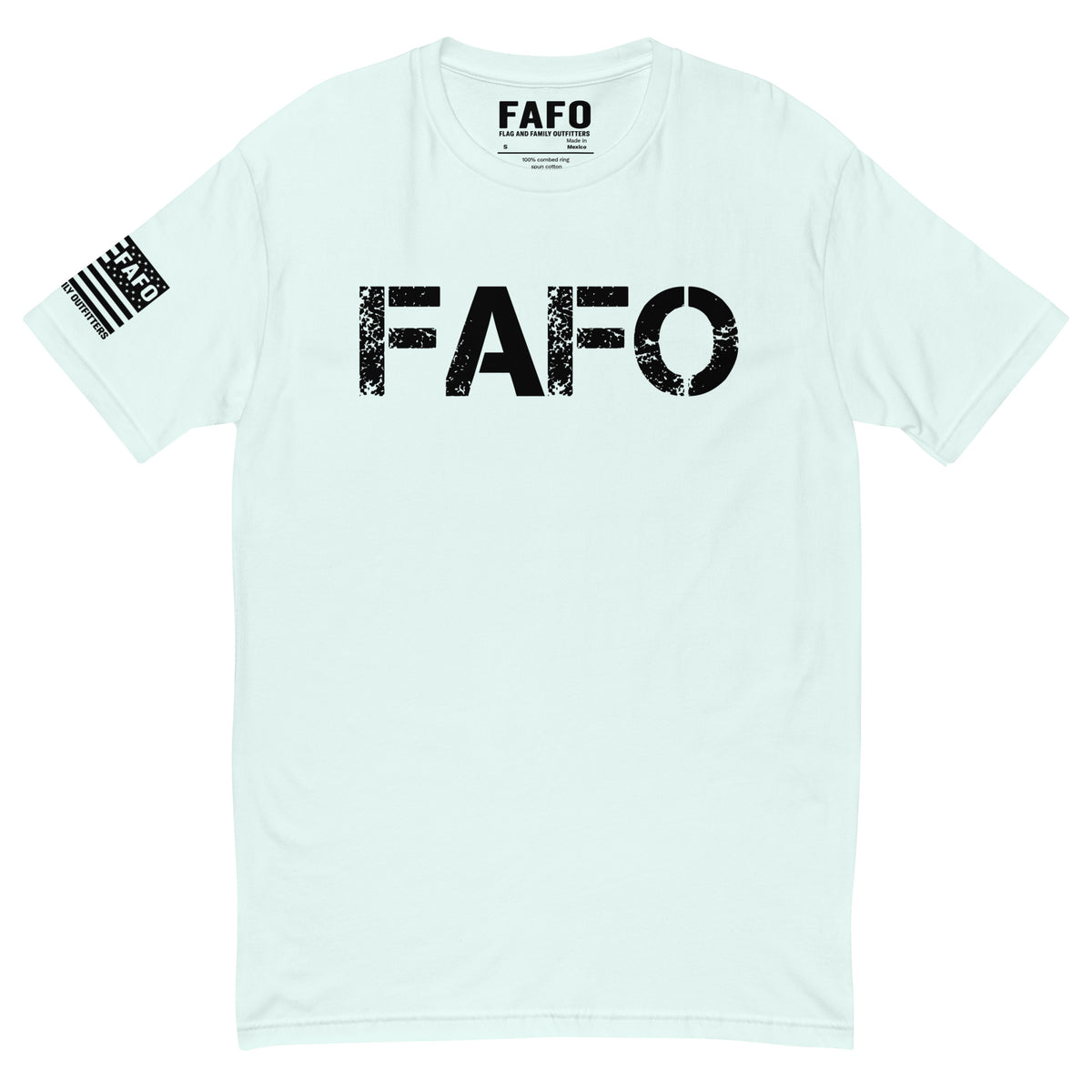 FAFO Classic T-Shirt with distressed FAFO front logo and Flag And Family Outfitters sleeve graphic.