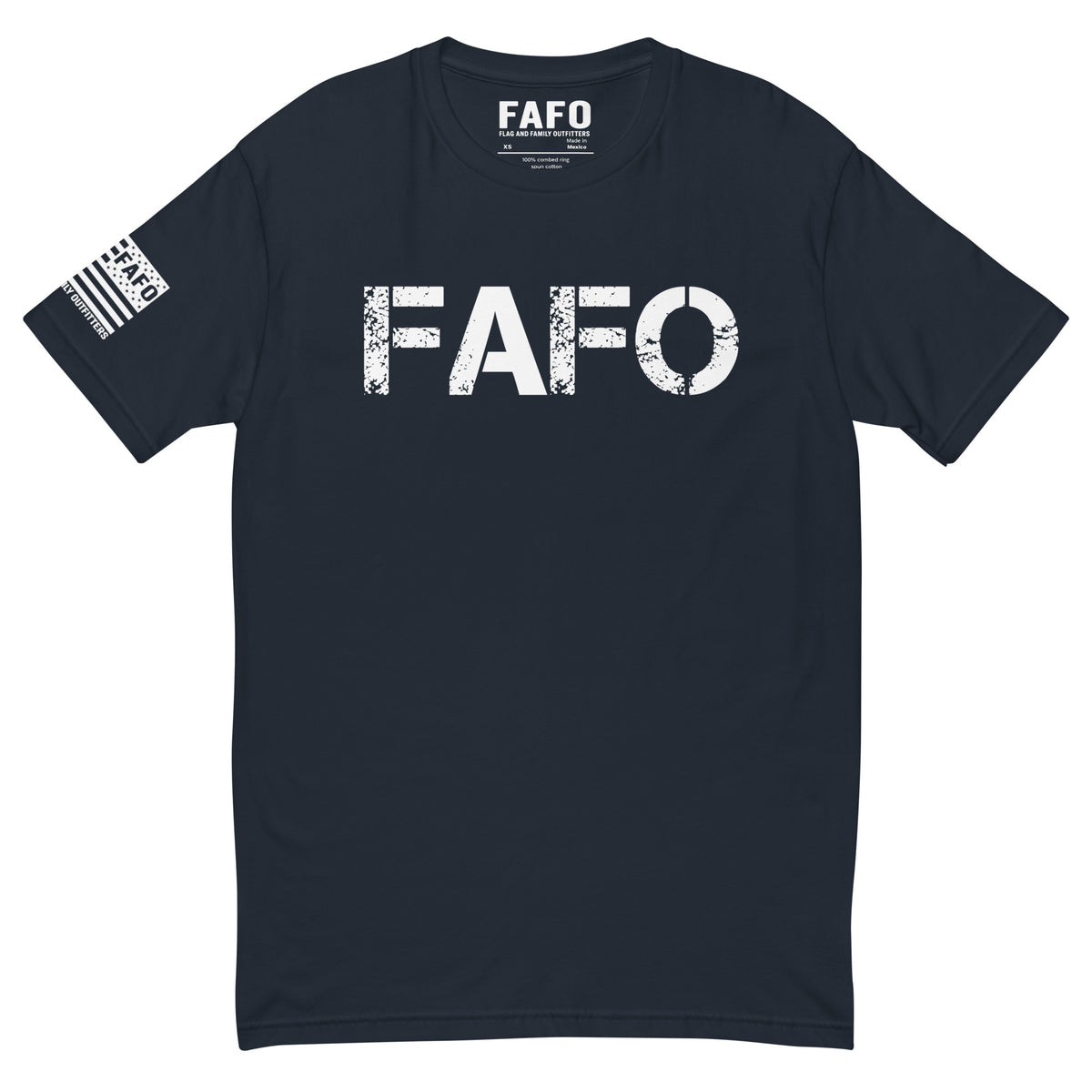 FAFO Classic T-Shirt with distressed FAFO front logo and Flag And Family Outfitters sleeve graphic.
