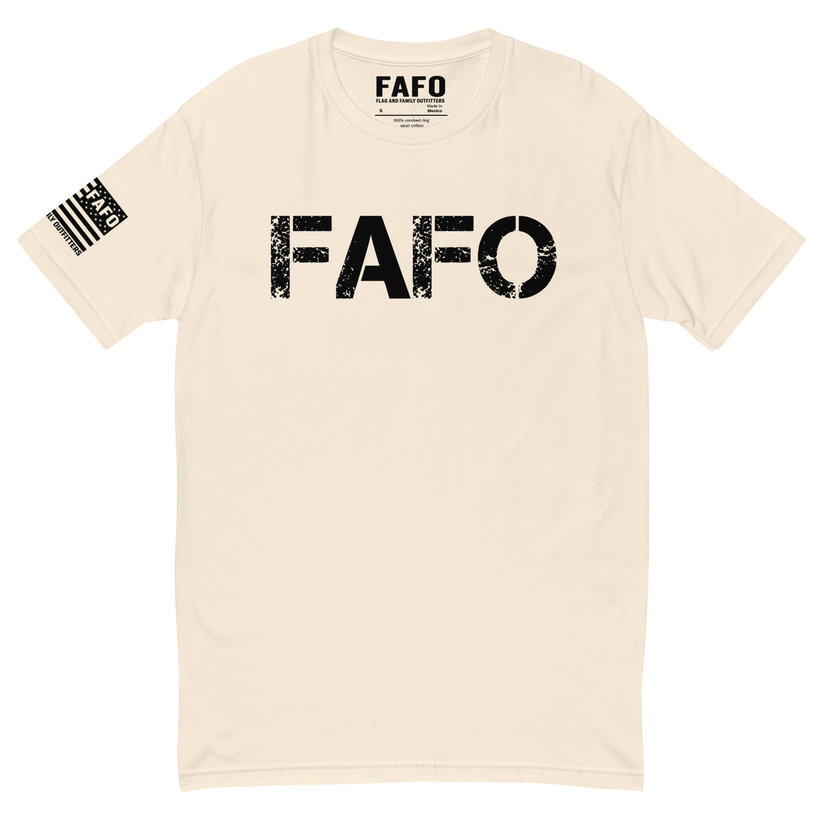 FAFO Classic T-Shirt with distressed FAFO front logo and Flag And Family Outfitters sleeve graphic.