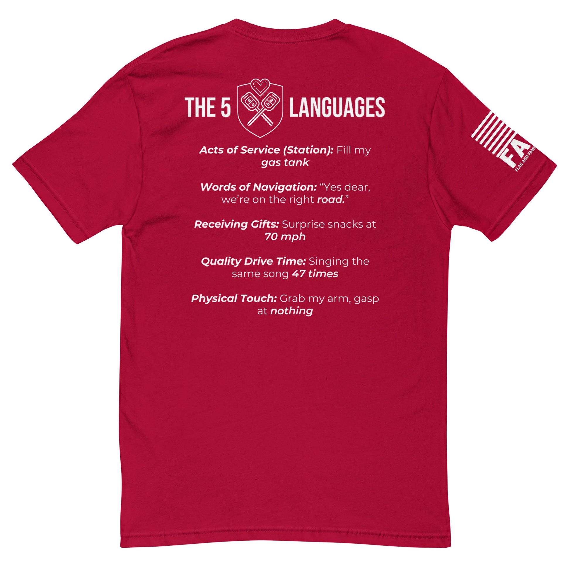Back of red FAFO couples tee showing all 5 road trip love languages — FAFO apparel funny patriotic shirt