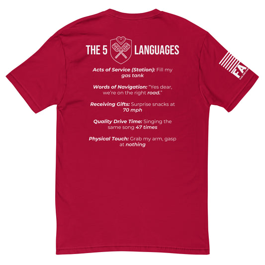 Back of red FAFO couples tee showing all 5 road trip love languages — FAFO apparel funny patriotic shirt