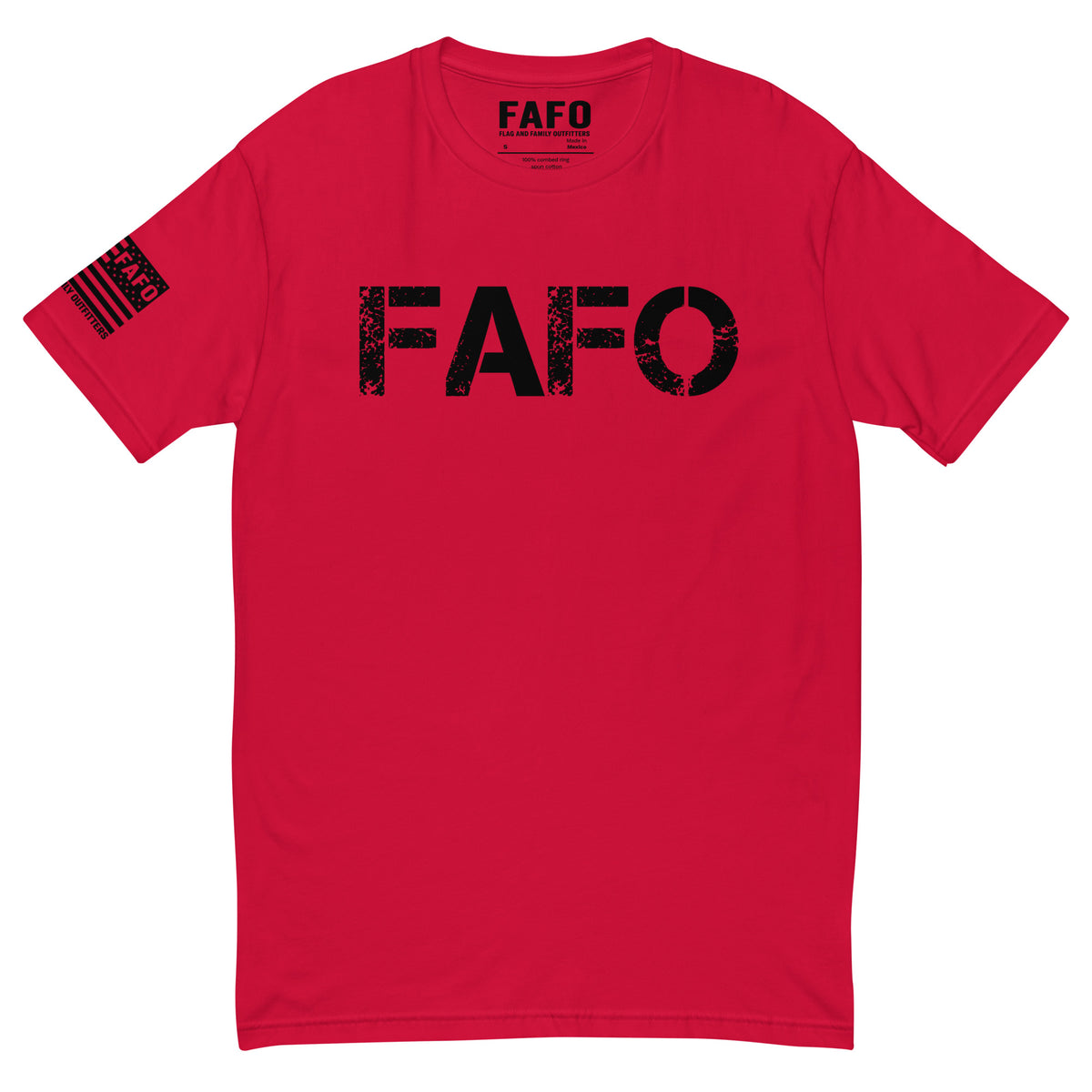 FAFO Classic T-Shirt with distressed FAFO front logo and Flag And Family Outfitters sleeve graphic.