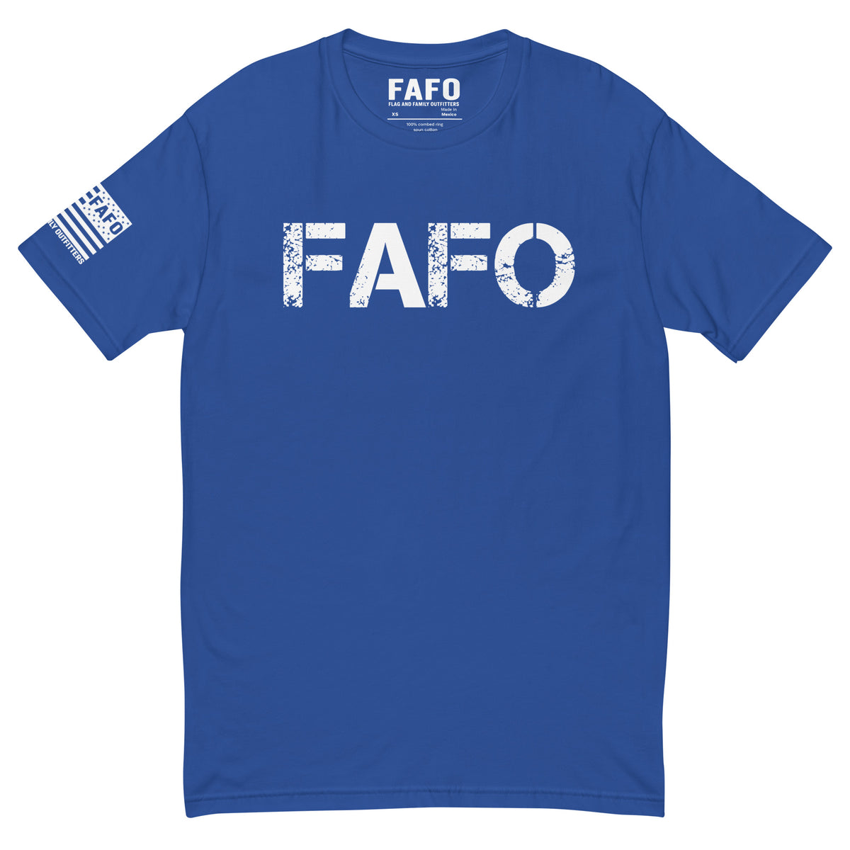 FAFO Classic T-Shirt with distressed FAFO front logo and Flag And Family Outfitters sleeve graphic.