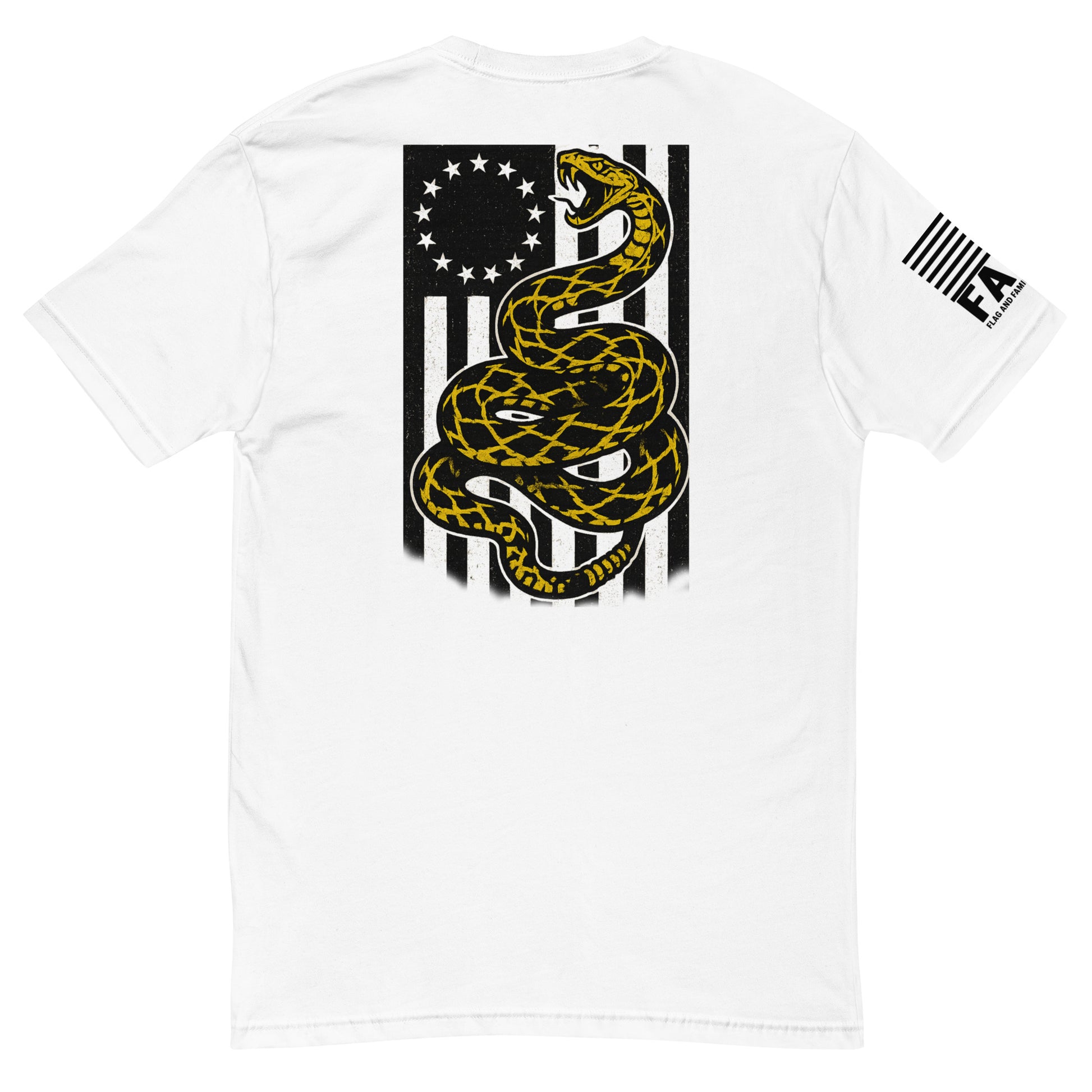 Back of white FAFO patriotic shirt — bold Gadsden snake over Betsy Ross flag second amendment shirt