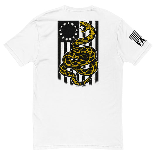 Back of white FAFO patriotic shirt — bold Gadsden snake over Betsy Ross flag second amendment shirt