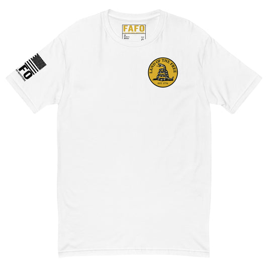 Patriotic Gadsden snake FAFO t shirt in white — Land Of The Free Est 1776 chest graphic FAFO shirts for men