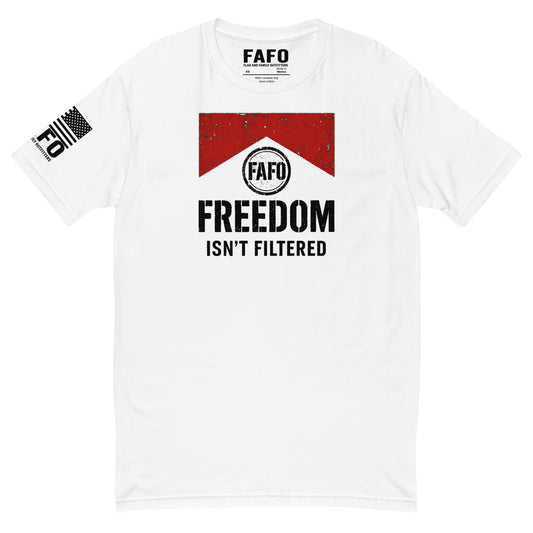 Funny patriotic FAFO t shirt in white — Freedom Isn't Filtered cigarette pack parody graphic FAFO shirts for men