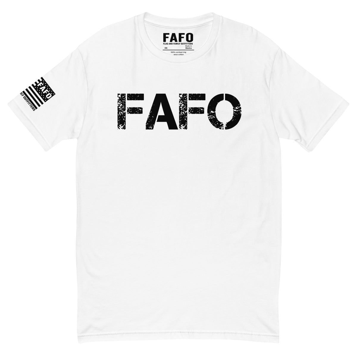 Front of white FAFO Classic T-Shirt with distressed FAFO chest logo — fafo t shirts patriotic shirts for men flag and family outfitters