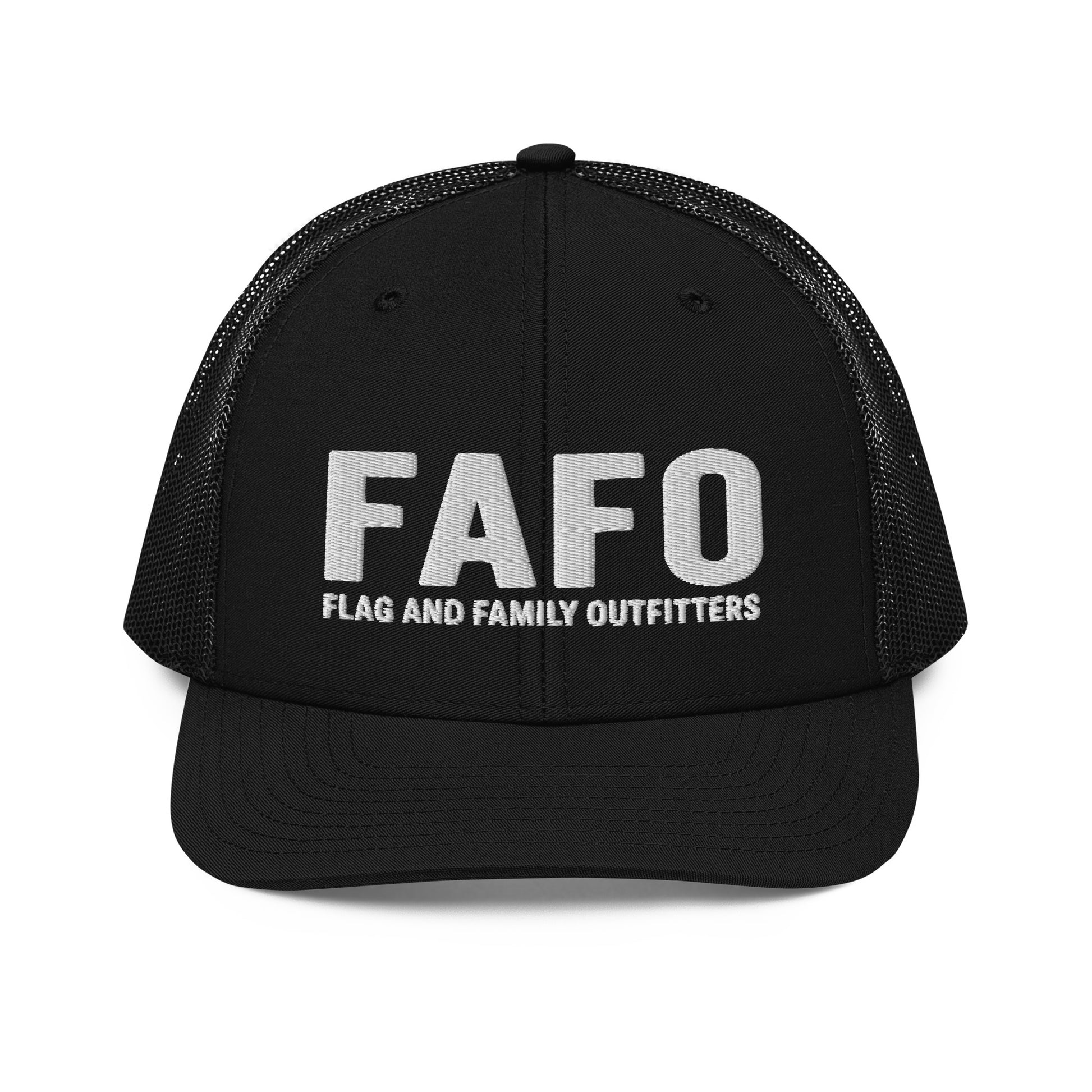 FAFO trucker hat in black — bold embroidered FAFO logo front panel FAFO hat for sale patriotic outfitters