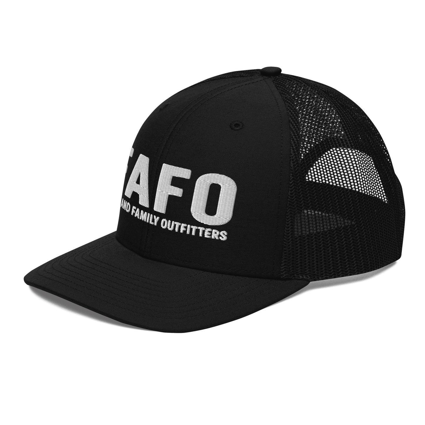 Side view of black FAFO trucker hat — curved visor mesh back FAFO gear FAFO merchandise