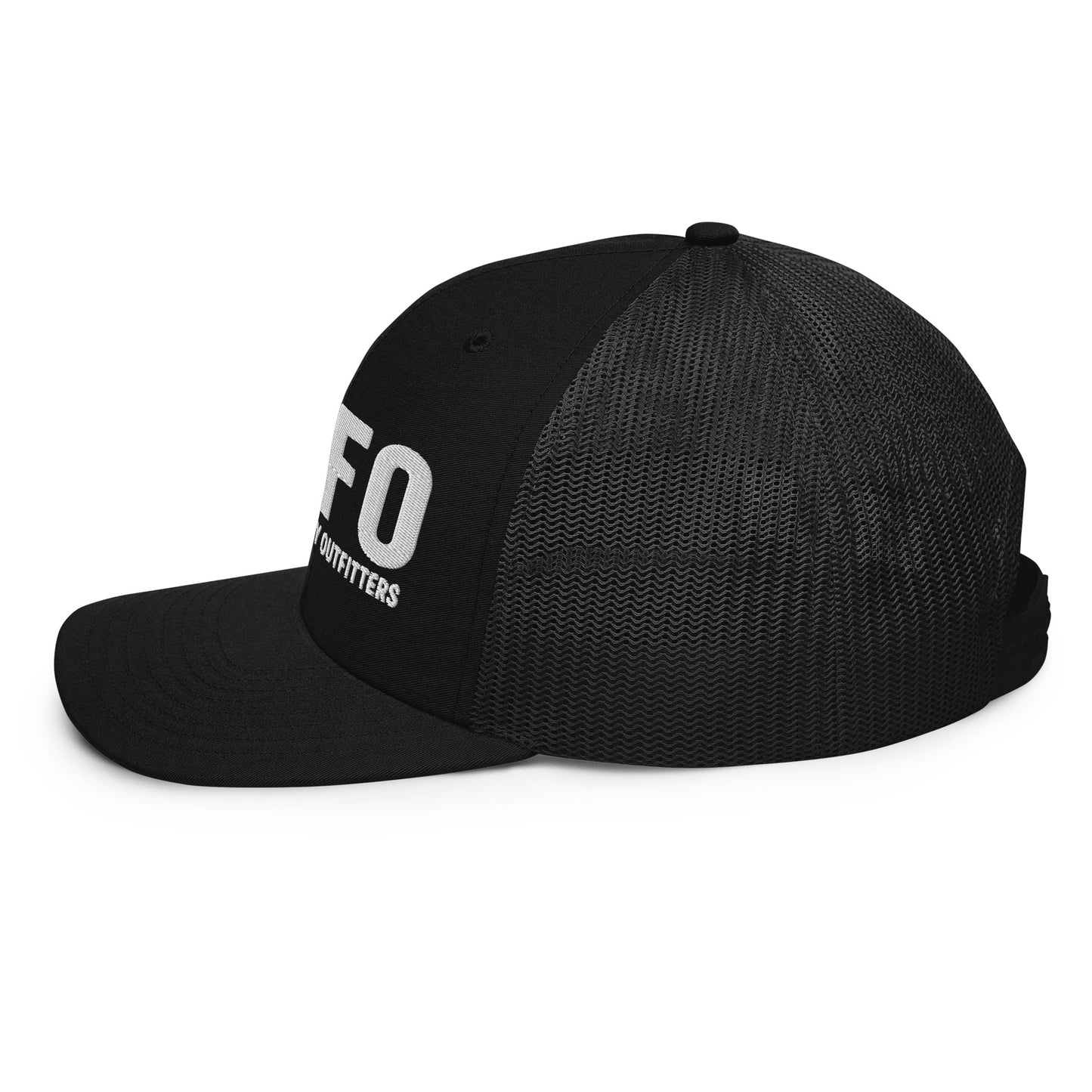 Side view of black FAFO trucker hat — curved visor mesh back FAFO gear FAFO merchandise