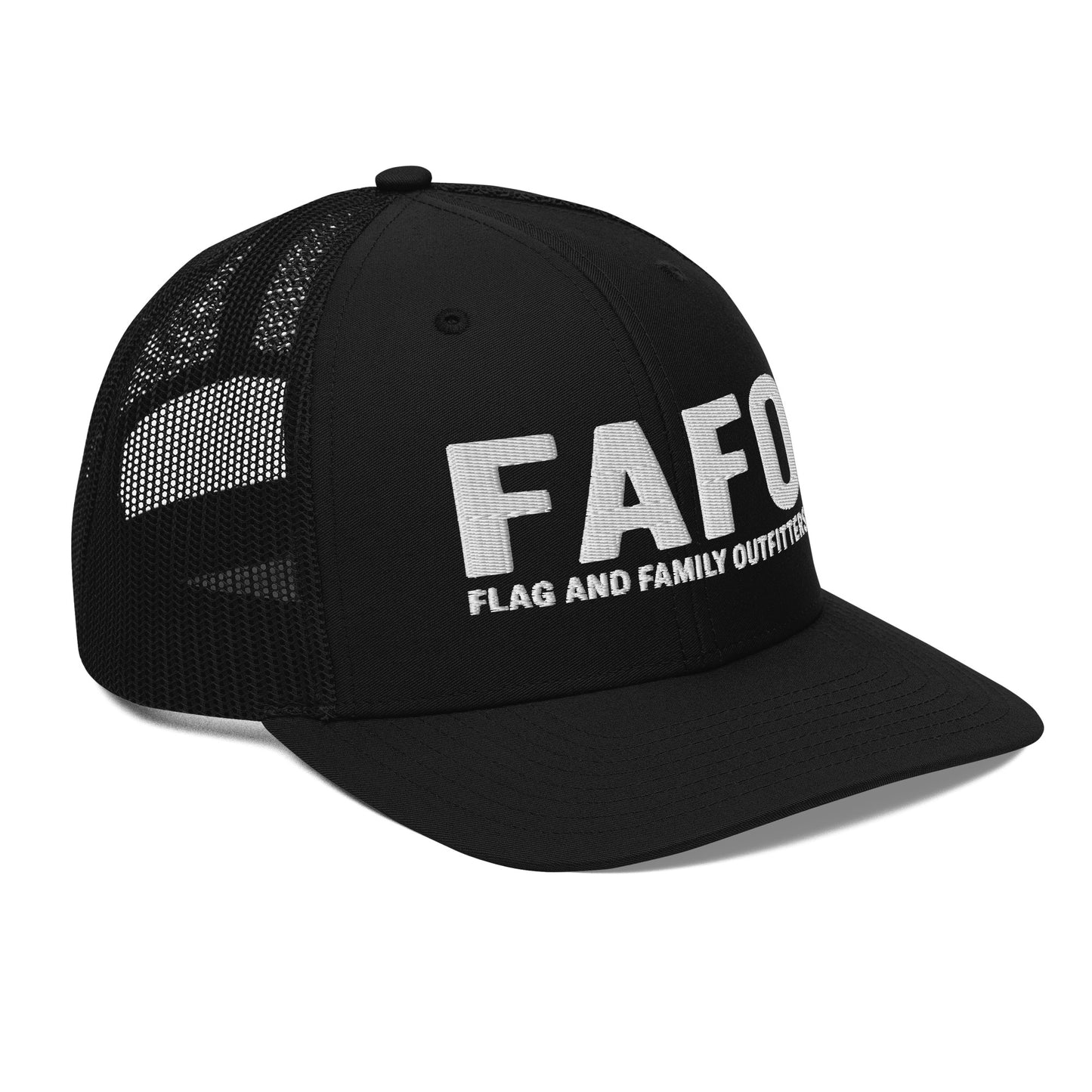 Side view of black FAFO trucker hat — curved visor mesh back FAFO gear FAFO merchandise