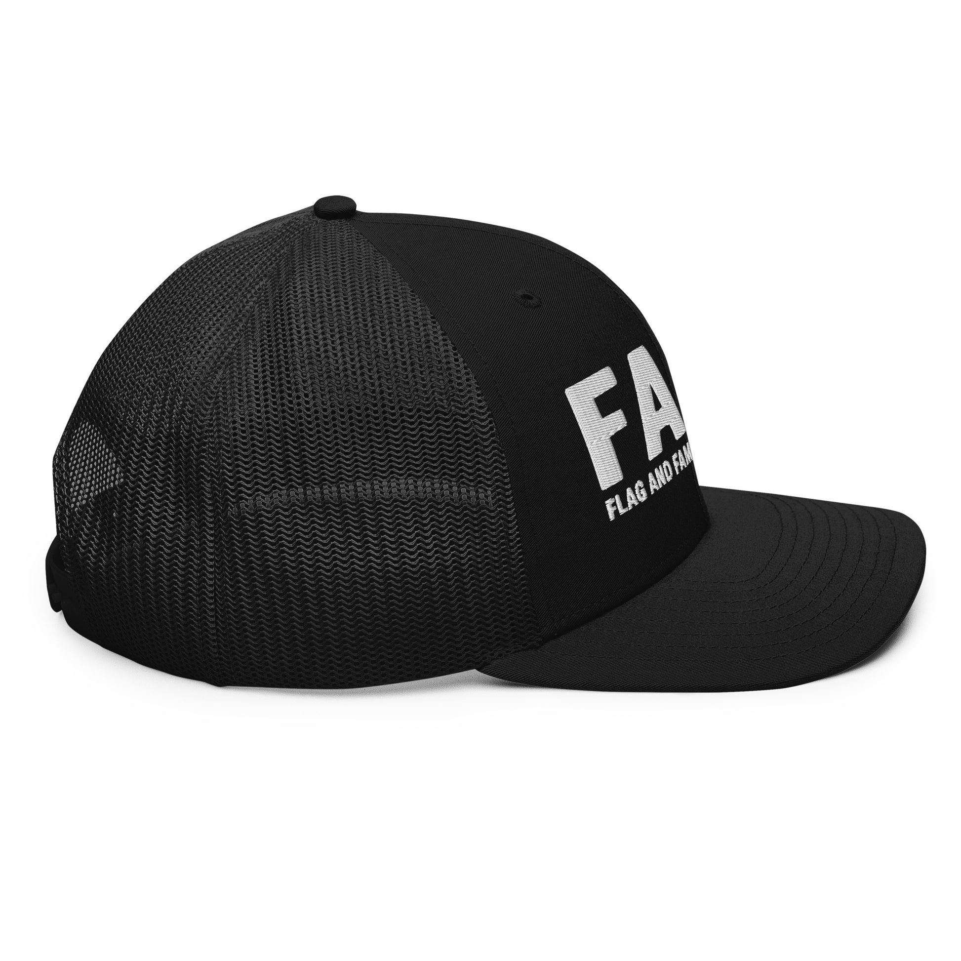 Side view of black FAFO trucker hat — curved visor mesh back FAFO gear FAFO merchandise