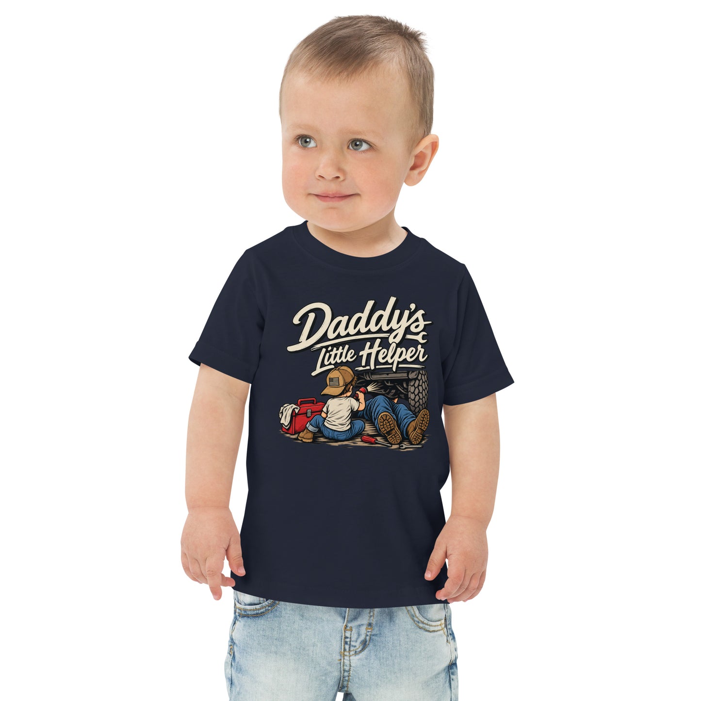 Navy Daddy's Little Helper toddler tee with vintage garage artwork of a child working beside a truck — toddler graphic tee funny kids shirt Flag And Family Outfitters