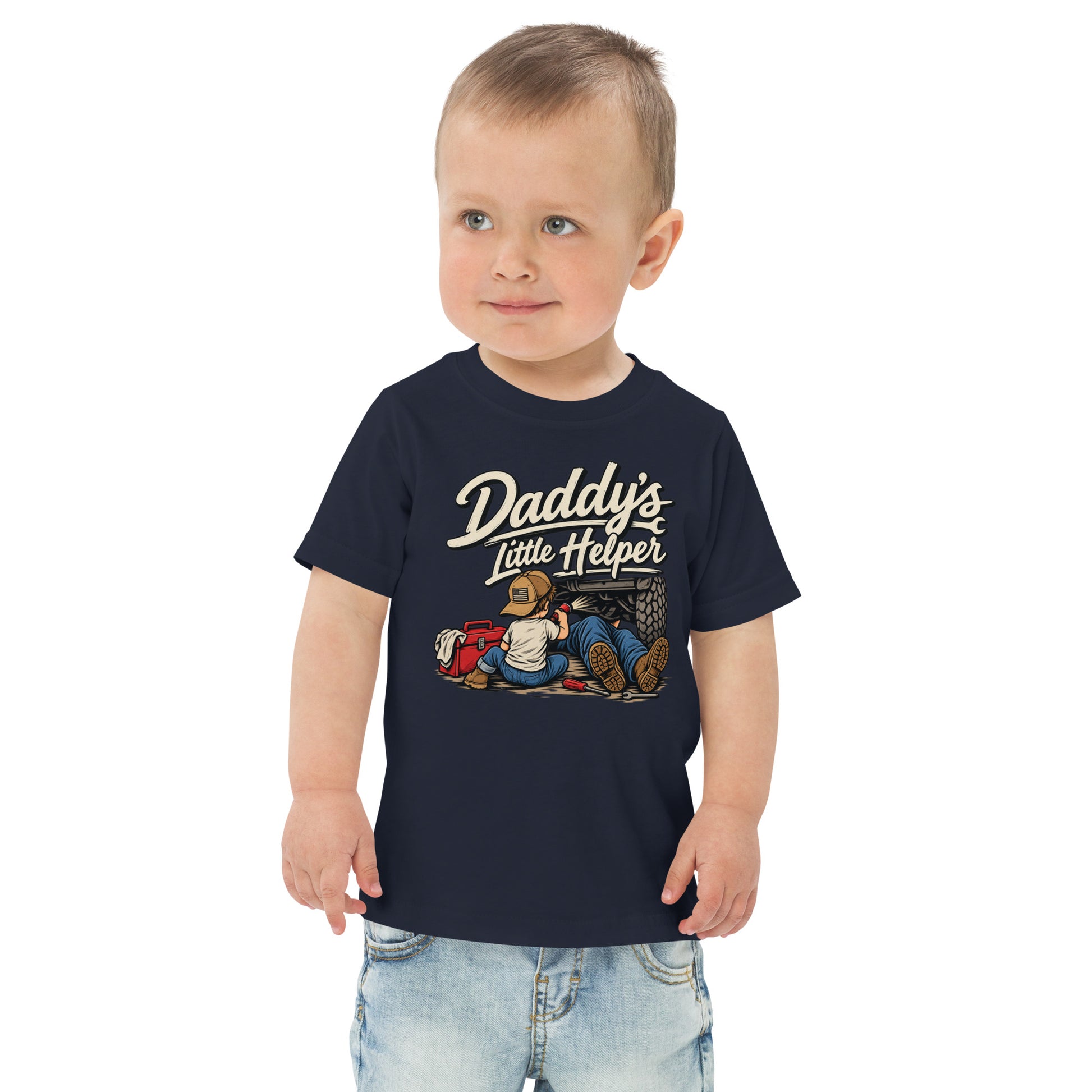 Navy Daddy's Little Helper toddler tee with vintage garage artwork of a child working beside a truck — toddler graphic tee funny kids shirt Flag And Family Outfitters