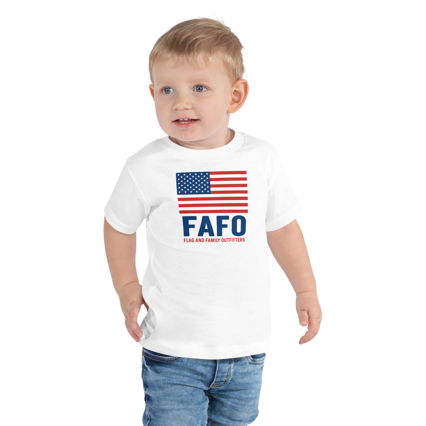 Toddler wearing white FAFO flag tee — patriotic toddler shirt FAFO apparel flag and family outfitters
