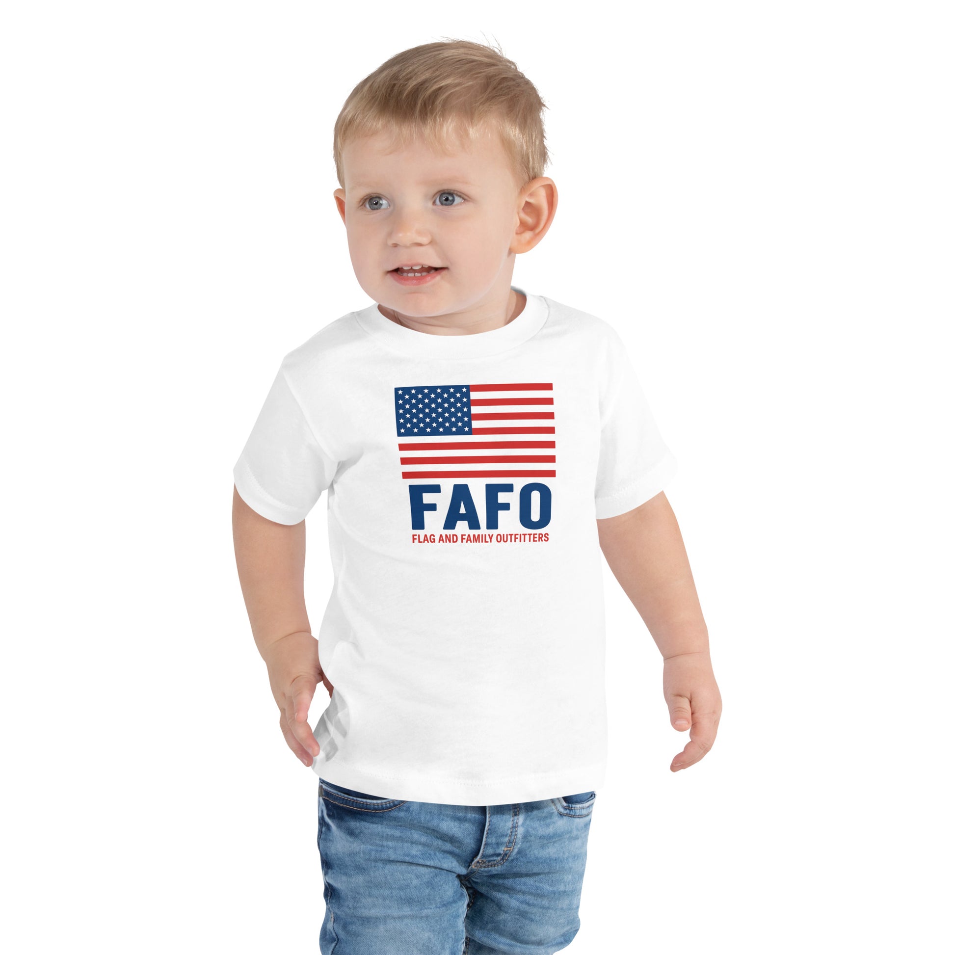 Toddler wearing white FAFO flag tee — patriotic toddler shirt FAFO apparel flag and family outfitters