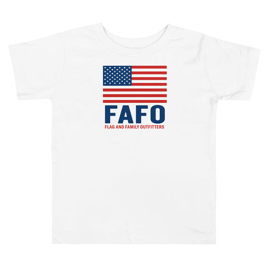 FAFO patriotic toddler shirt in white — American flag and FAFO chest graphic FAFO apparel toddler patriotic clothing